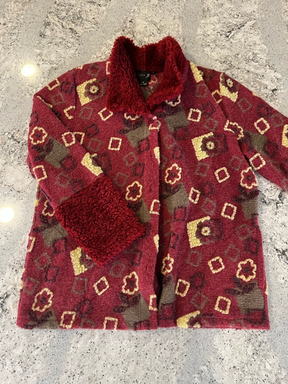 Vintage Floral Button Up Geometric Jacket With Sherpa Trims